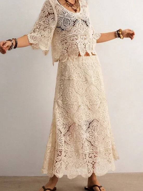 Apricot Elegant Women's Bohemian Crochet Knit Set - Picture 3 of 8